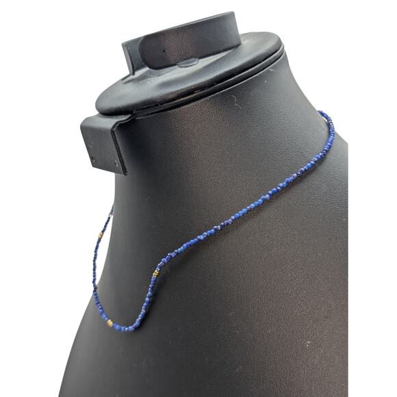 925 Sterling Vermeil 2mm Lapis Lazuli Gemstone Crystal & Goldtone Bead Necklace - Picture 2 of 6